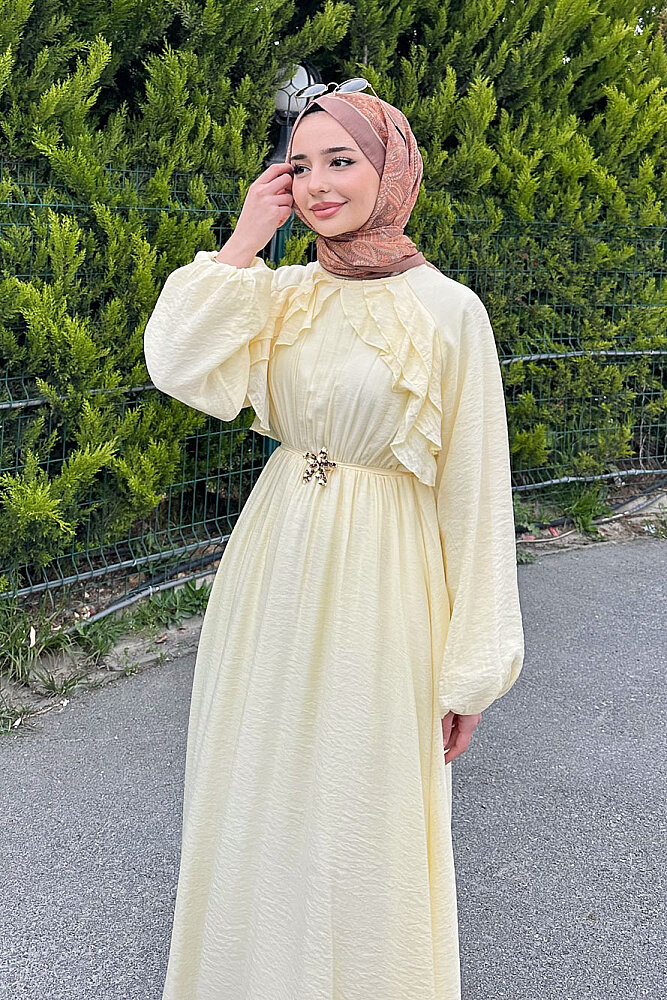 Fırfır Detaylı Tencel Elbise - Sarı - (2)