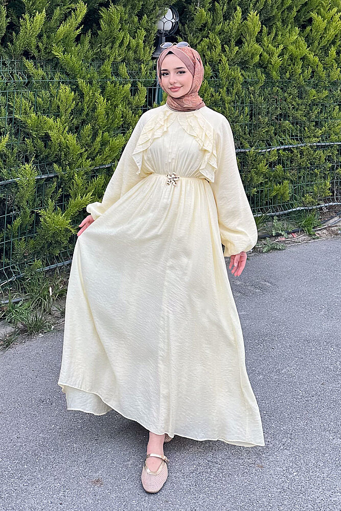 Fırfır Detaylı Tencel Elbise - Sarı - 5