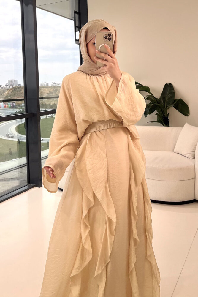 Fırfır Detaylı Tül Etek Takım - Bej - 7