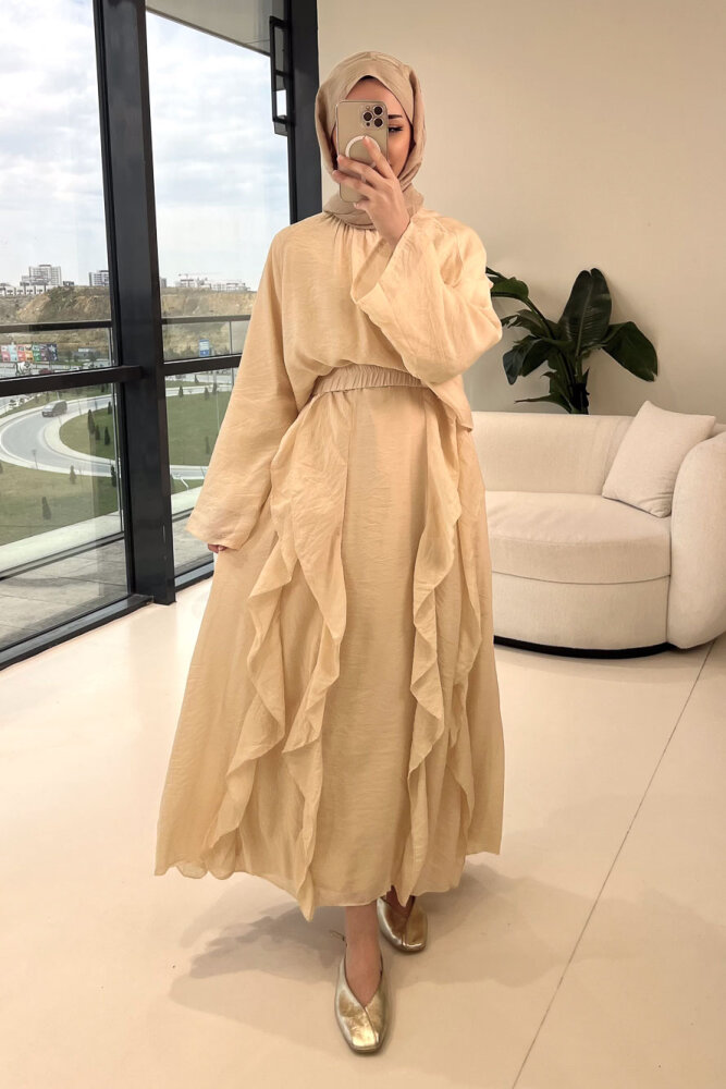 Fırfır Detaylı Tül Etek Takım - Bej - ENMA (5)