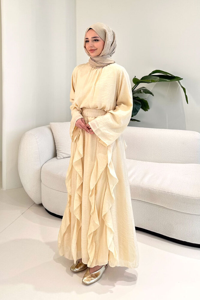 Fırfır Detaylı Tül Etek Takım - Bej - 4