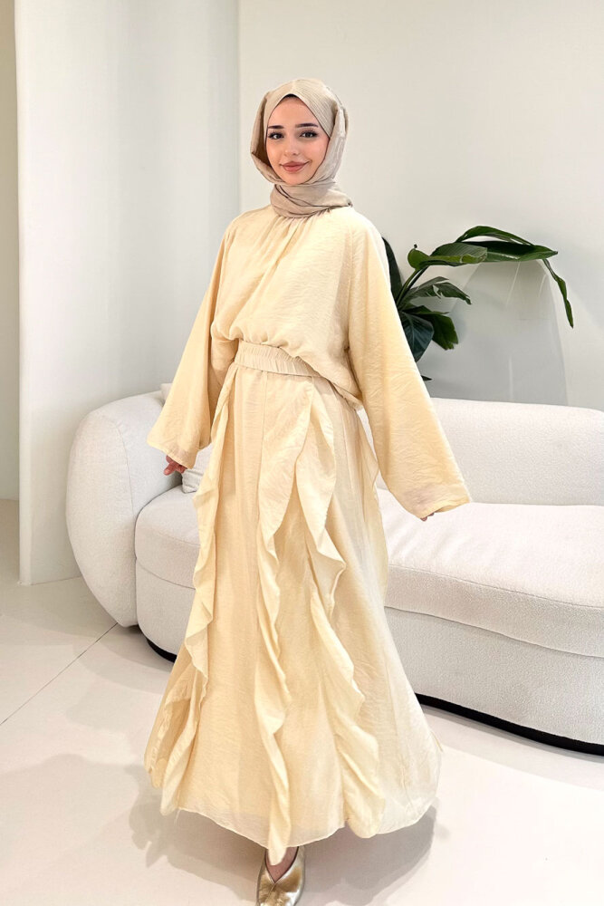 Fırfır Detaylı Tül Etek Takım - Bej - 2