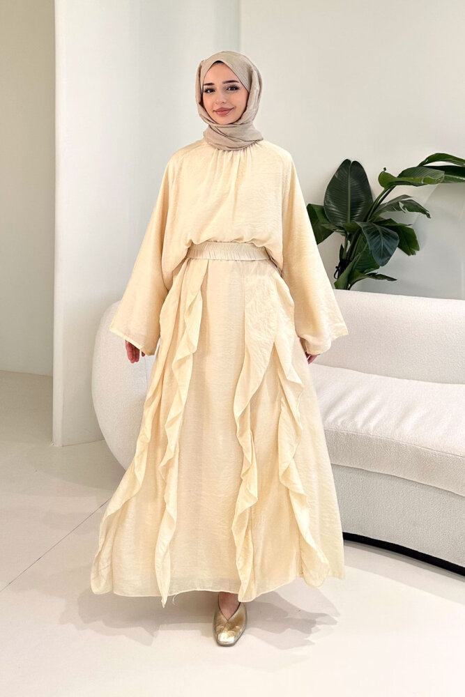 Fırfır Detaylı Tül Etek Takım - Bej - 1