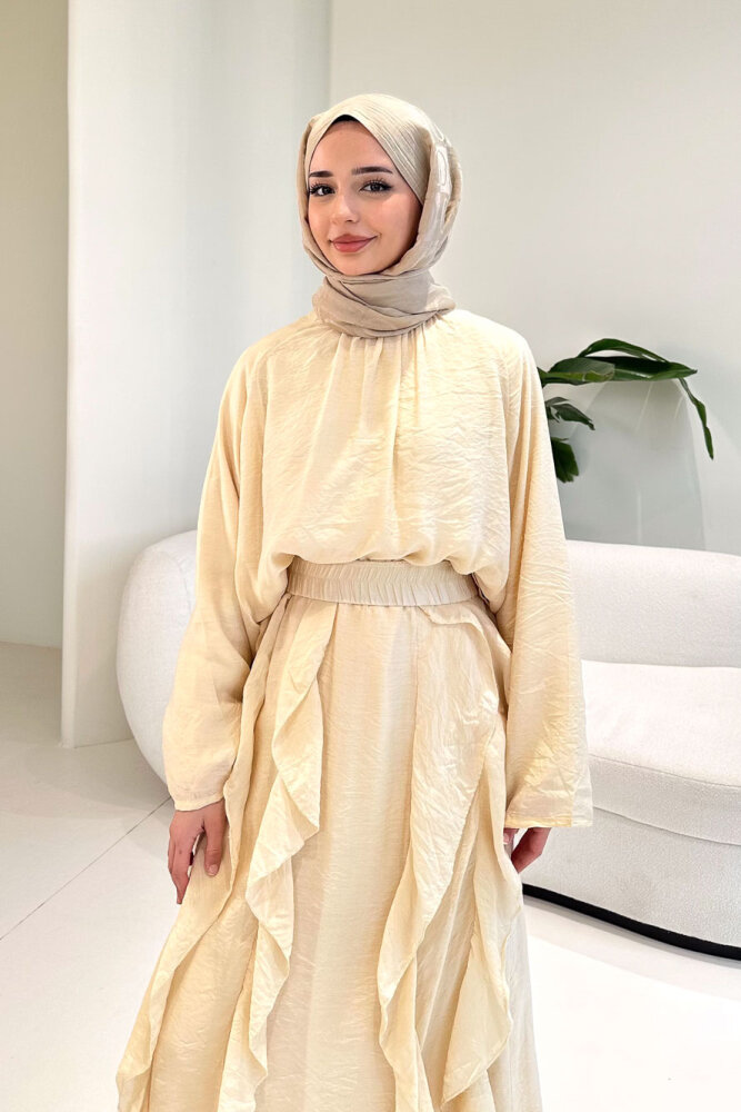 Fırfır Detaylı Tül Etek Takım - Bej - 3