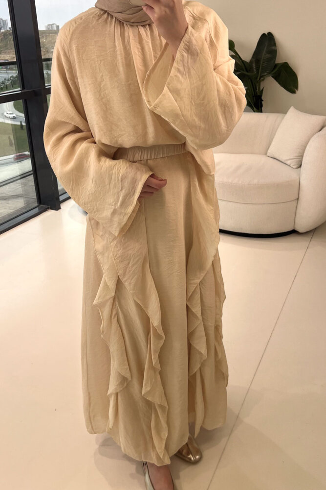 Fırfır Detaylı Tül Etek Takım - Bej - 8