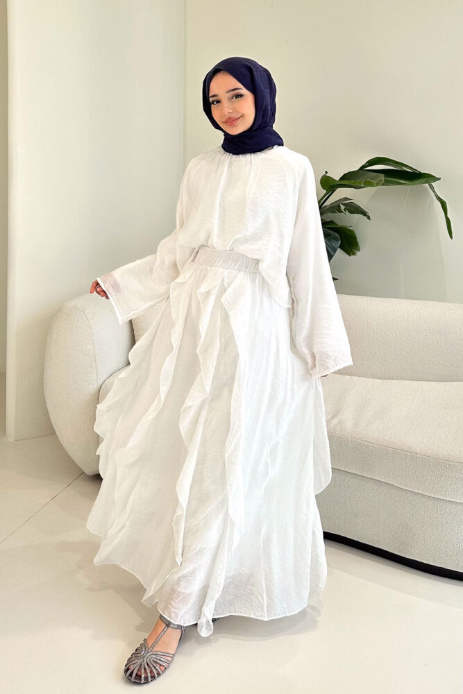 Fırfır Detaylı Tül Etek Takım - Ekru - 1