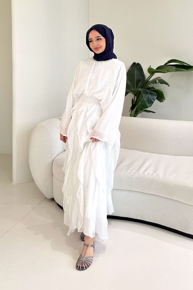 Fırfır Detaylı Tül Etek Takım - Ekru - 4