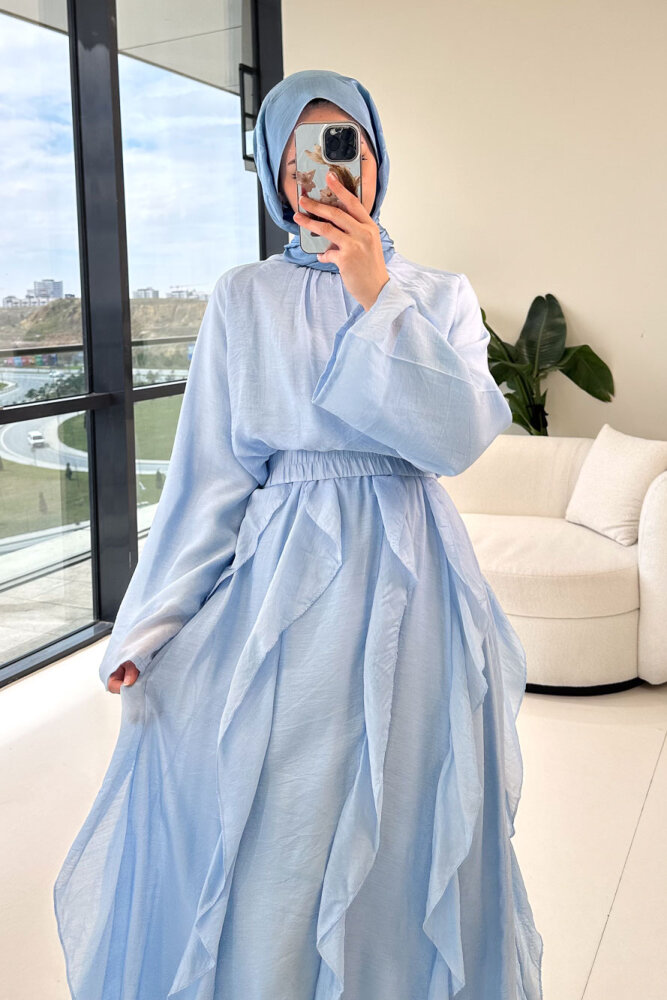 Fırfır Detaylı Tül Etek Takım - Mavi - 2