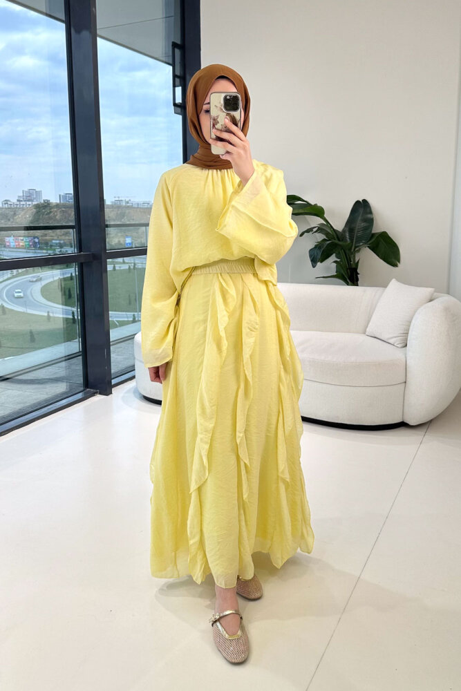 Fırfır Detaylı Tül Etek Takım - Sarı - 6