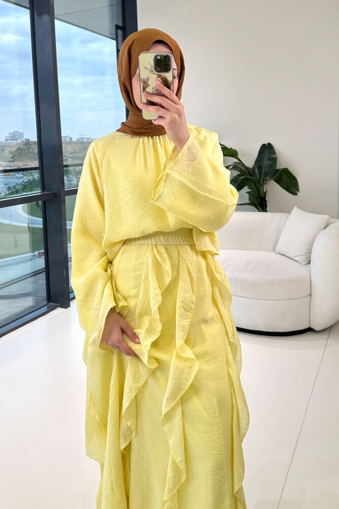 Fırfır Detaylı Tül Etek Takım - Sarı - 7