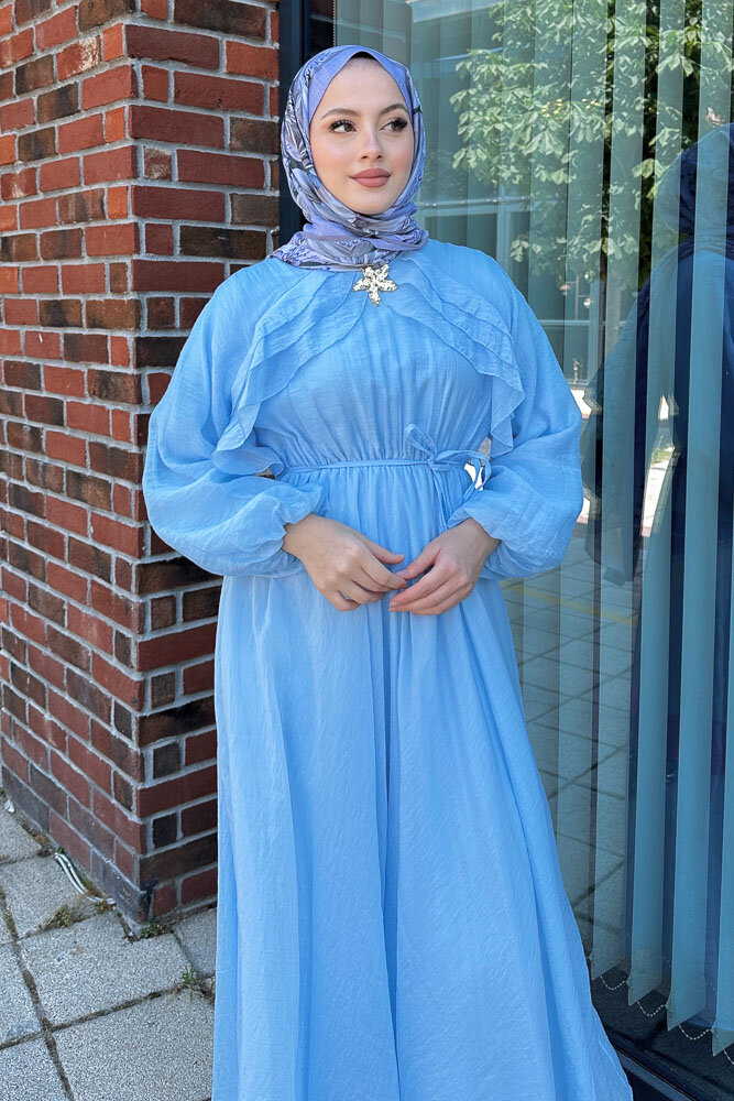 Fırfırlı Broşlu Tensel Elbise - Bebe Mavisi - 6