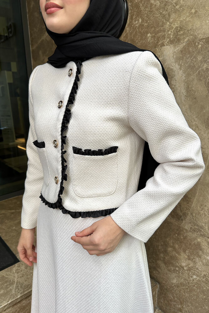 Fırfırlı Garnili Etekli Takım - Ekru - 5