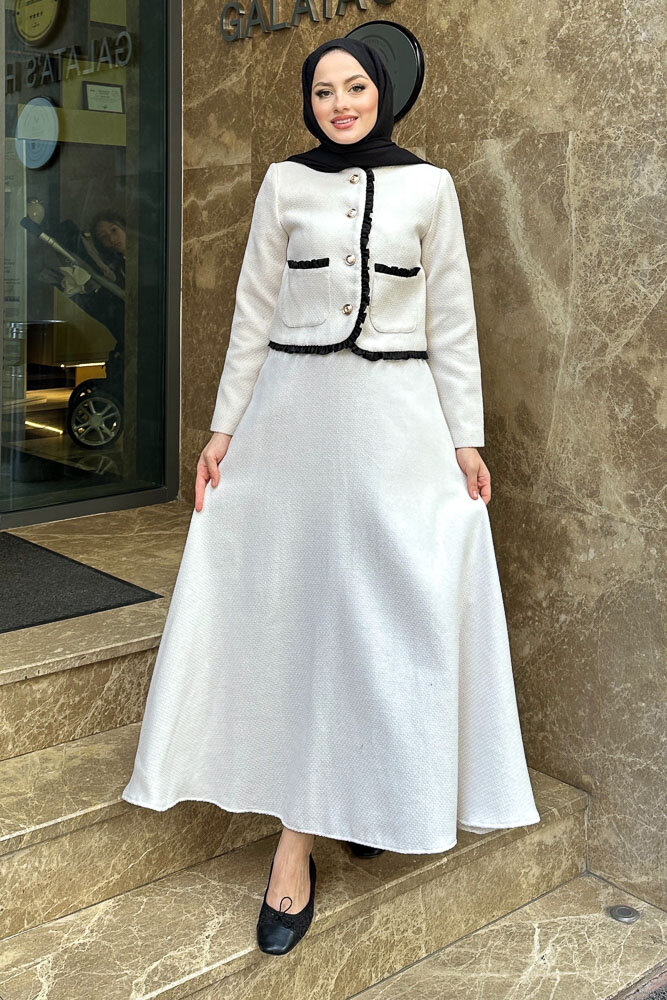 Fırfırlı Garnili Etekli Takım - Ekru - 6