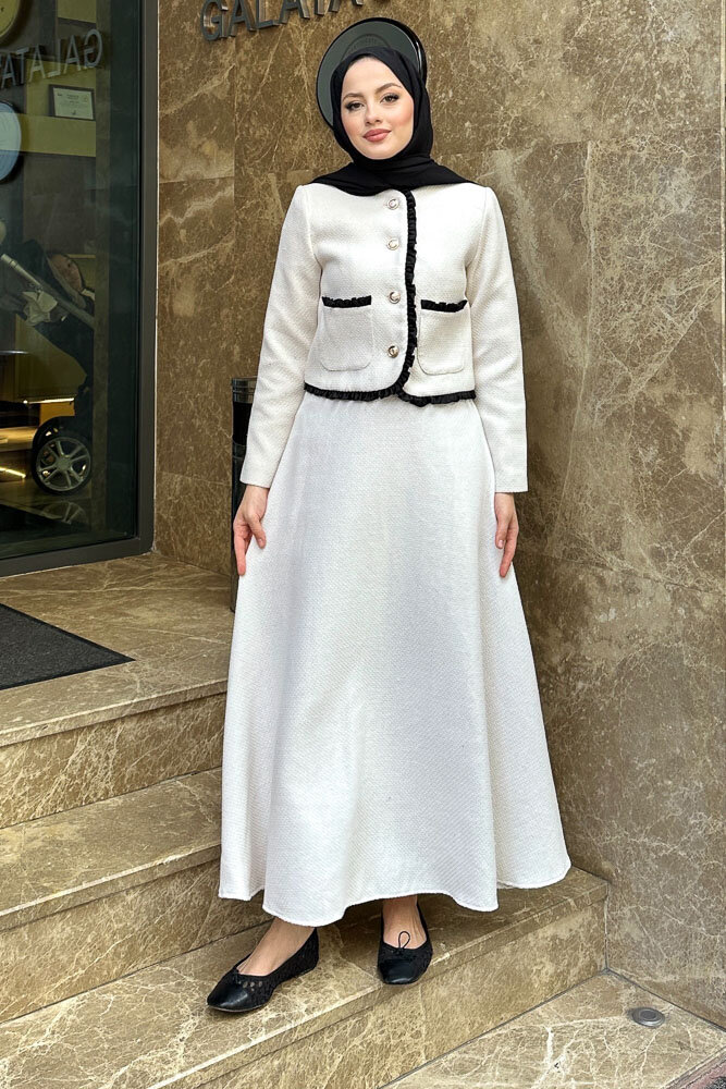 Fırfırlı Garnili Etekli Takım - Ekru - 2