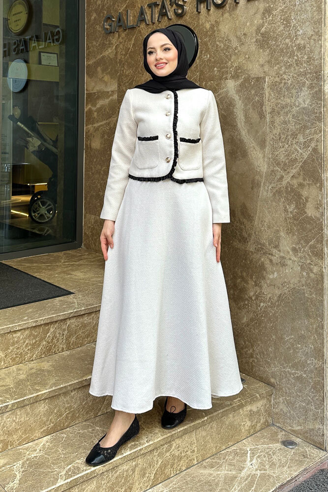 Fırfırlı Garnili Etekli Takım - Ekru - 4