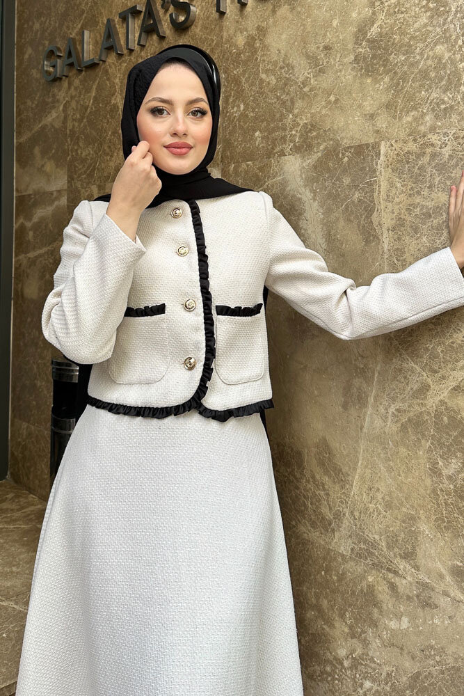 Fırfırlı Garnili Etekli Takım - Ekru - 7
