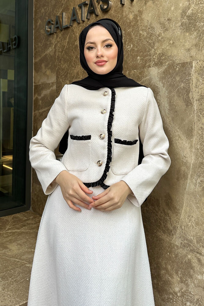 Fırfırlı Garnili Etekli Takım - Ekru - 1