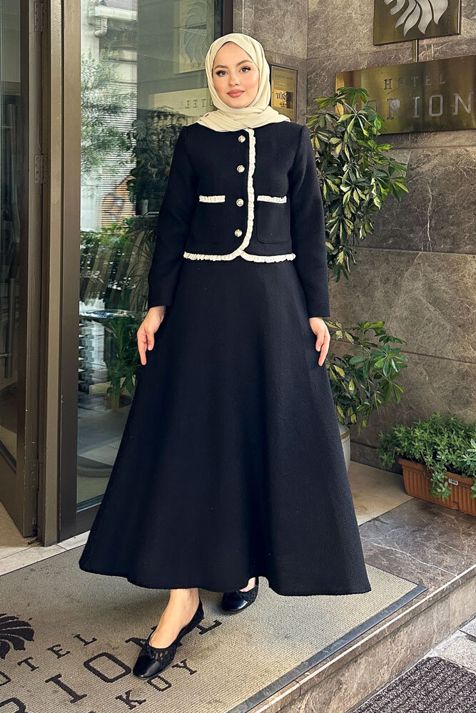 Fırfırlı Garnili Etekli Takım - Siyah 