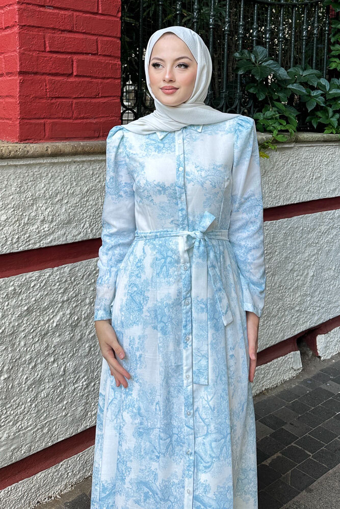Fiyonk Detaylı Desenli Keten Elbise - Mavi - 2