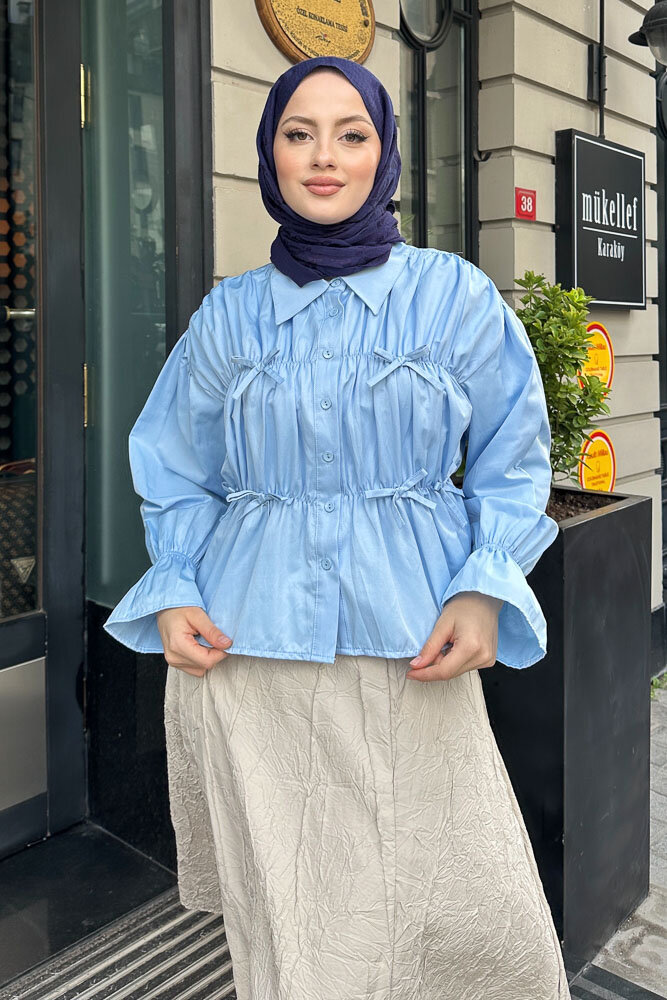 Fiyonklu Büzgülü Gömlek - Bebe Mavisi - 5