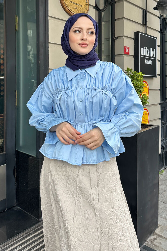Fiyonklu Büzgülü Gömlek - Bebe Mavisi - 2