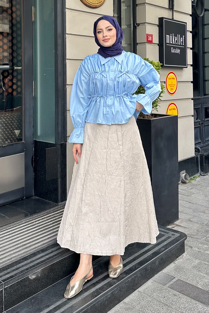 Fiyonklu Büzgülü Gömlek - Bebe Mavisi - HENZA (3)