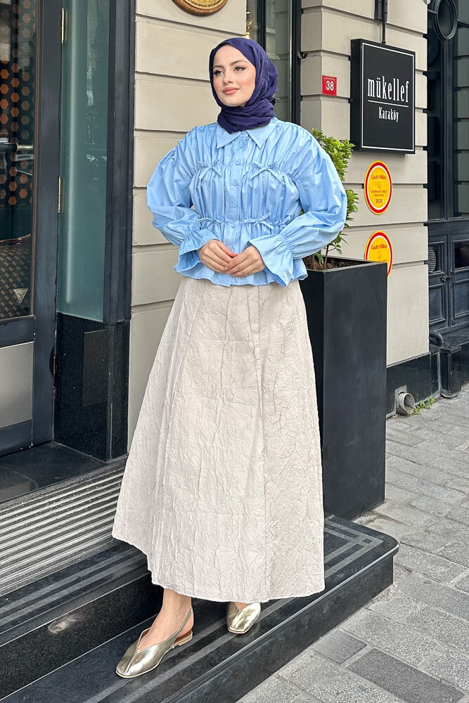 Fiyonklu Büzgülü Gömlek - Bebe Mavisi - HENZA (5)