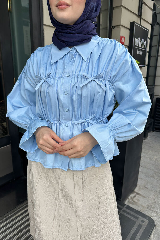 Fiyonklu Büzgülü Gömlek - Bebe Mavisi - 3