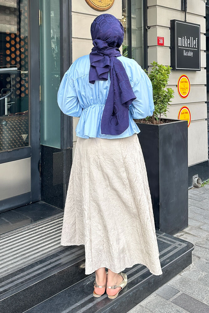 Fiyonklu Büzgülü Gömlek - Bebe Mavisi - 8