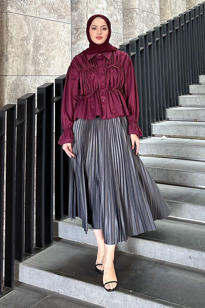 Fiyonklu Büzgülü Gömlek - Burgonya - HENZA (3)