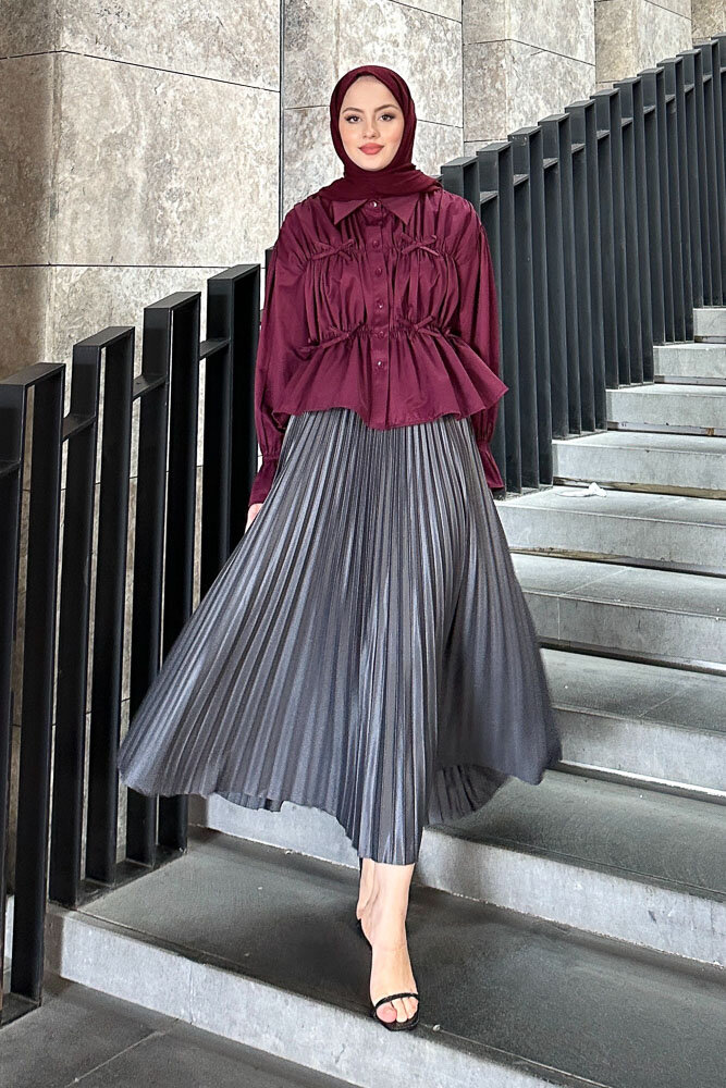 Fiyonklu Büzgülü Gömlek - Burgonya - HENZA (1)