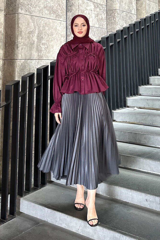 Fiyonklu Büzgülü Gömlek - Burgonya - HENZA (5)