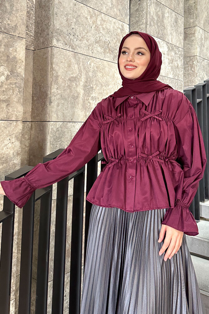 Fiyonklu Büzgülü Gömlek - Burgonya - 3