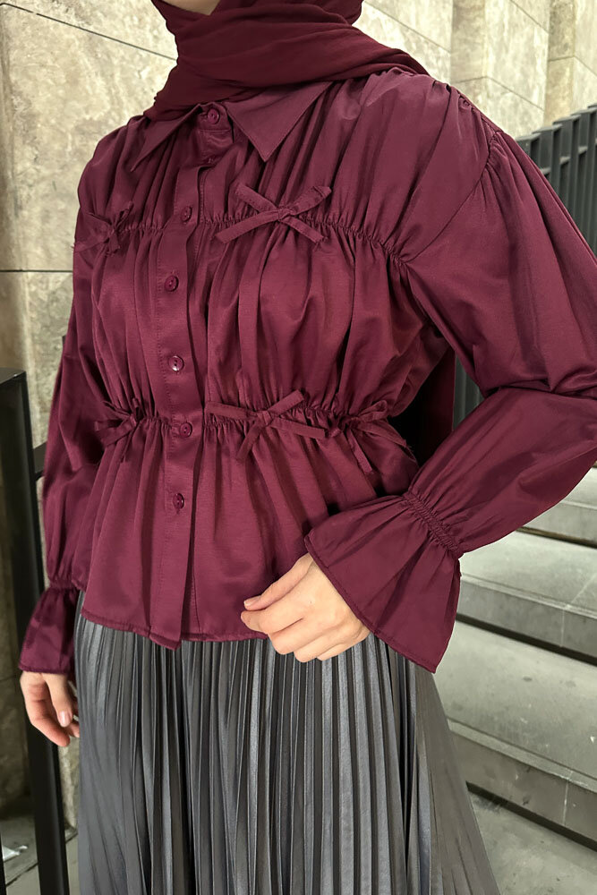 Fiyonklu Büzgülü Gömlek - Burgonya - HENZA (4)