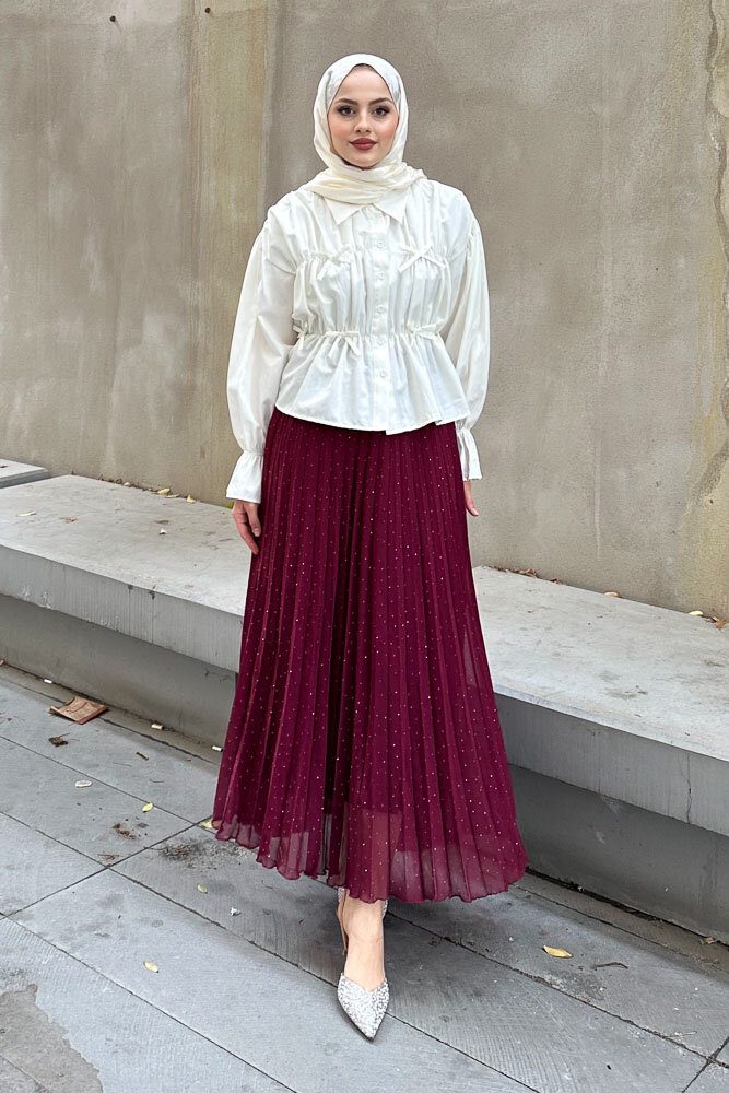 Fiyonklu Büzgülü Gömlek - Ekru - HENZA (3)