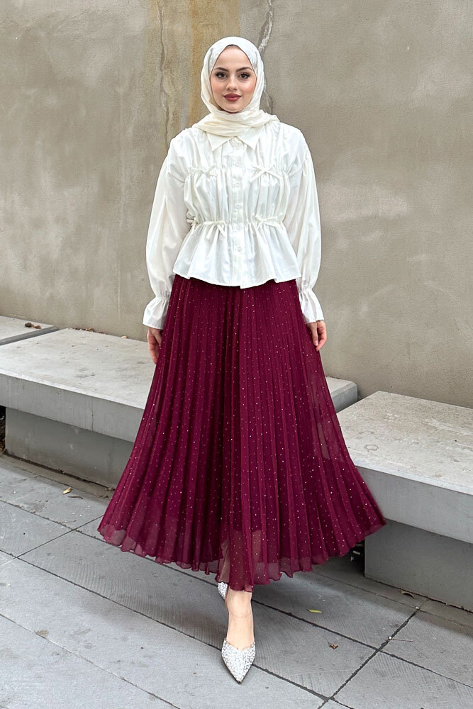 Fiyonklu Büzgülü Gömlek - Ekru - HENZA (5)