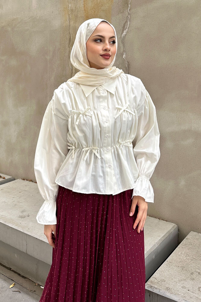 Fiyonklu Büzgülü Gömlek - Ekru - HENZA (1)