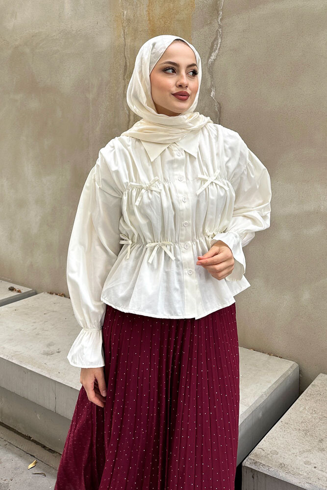 Fiyonklu Büzgülü Gömlek - Ekru - 5