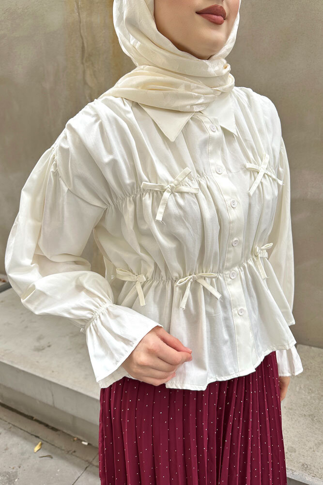 Fiyonklu Büzgülü Gömlek - Ekru - 3