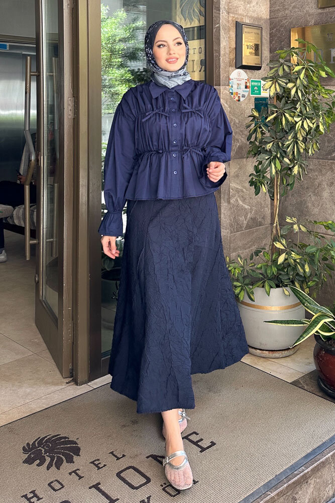Fiyonklu Büzgülü Gömlek - Lacivert - HENZA (1)