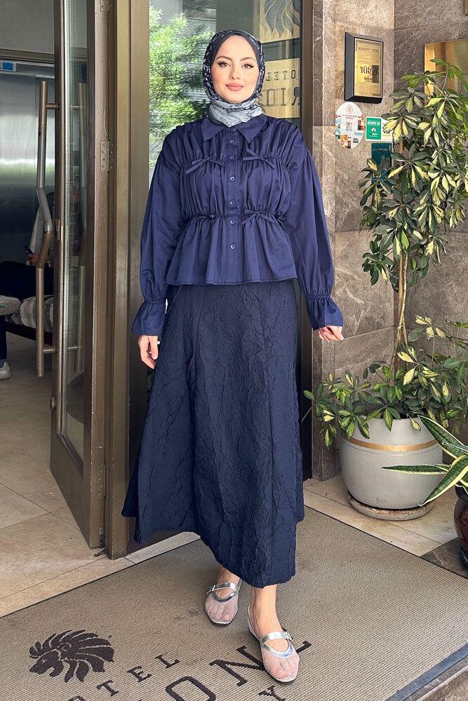 Fiyonklu Büzgülü Gömlek - Lacivert - HENZA (5)