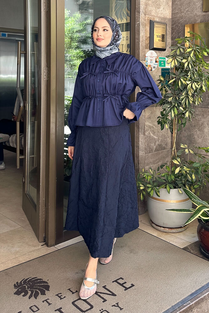 Fiyonklu Büzgülü Gömlek - Lacivert - HENZA (2)