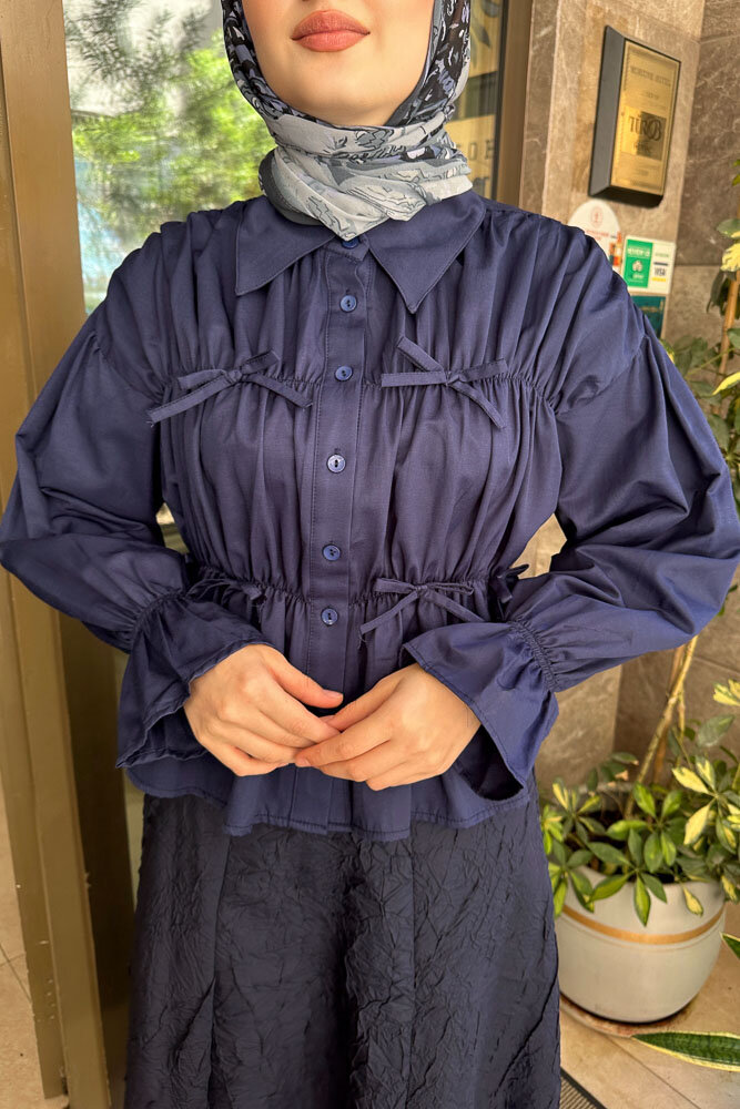 Fiyonklu Büzgülü Gömlek - Lacivert - HENZA (4)