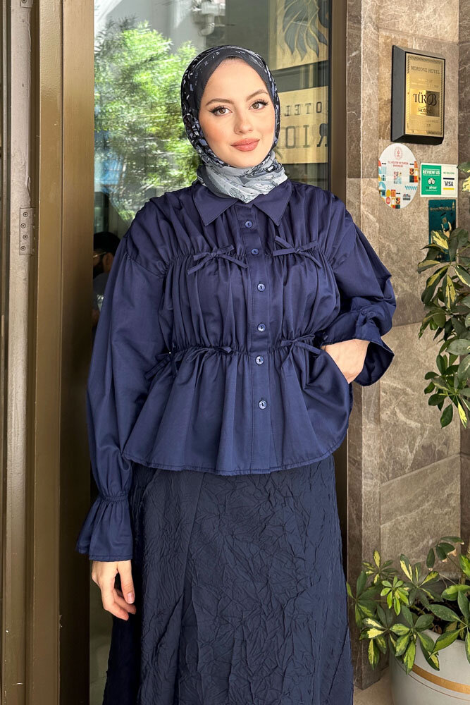Fiyonklu Büzgülü Gömlek - Lacivert - 1