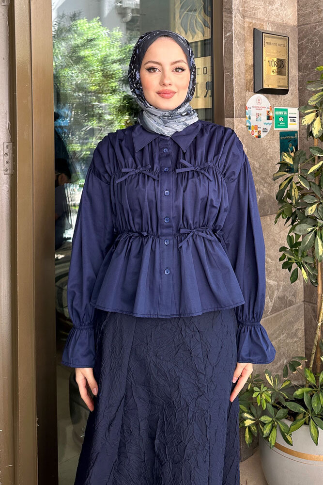 Fiyonklu Büzgülü Gömlek - Lacivert - HENZA (3)
