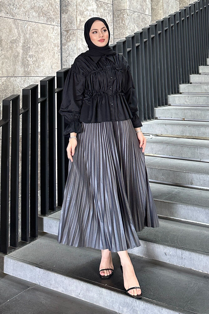 Fiyonklu Büzgülü Gömlek - Siyah - HENZA (3)