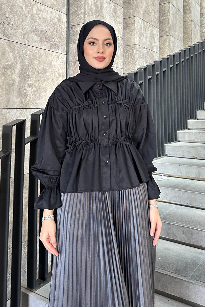 Fiyonklu Büzgülü Gömlek - Siyah - 5