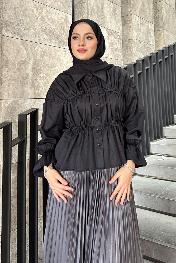 Fiyonklu Büzgülü Gömlek - Siyah - 2