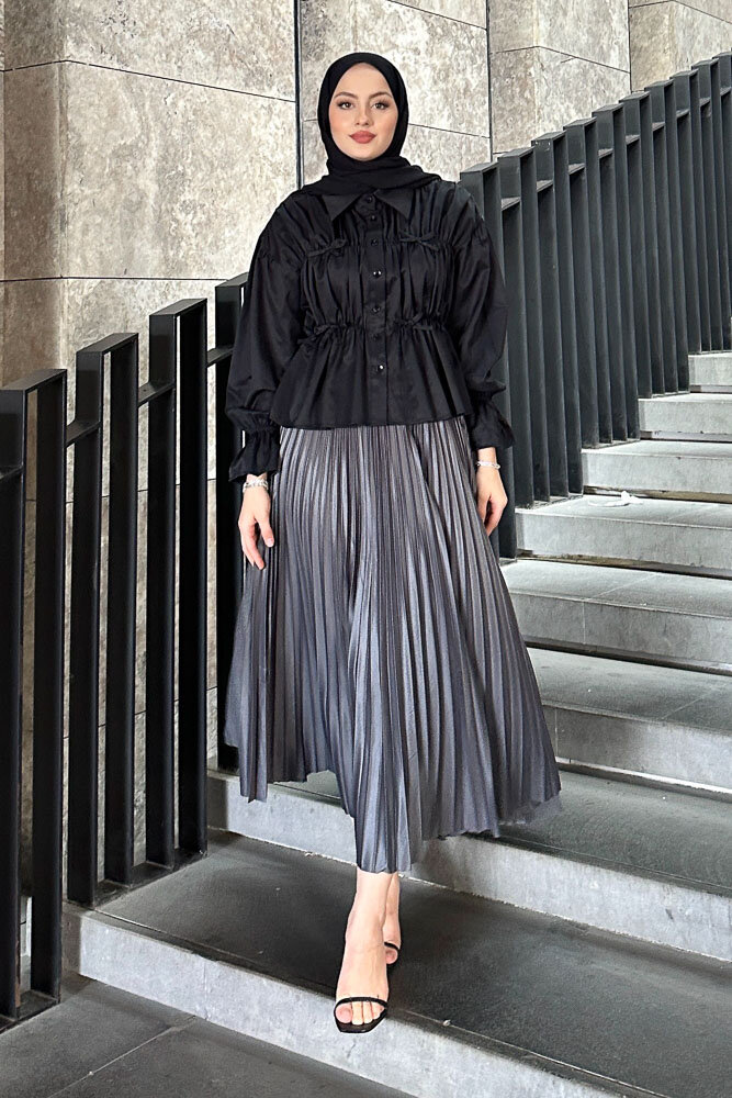 Fiyonklu Büzgülü Gömlek - Siyah - HENZA (5)