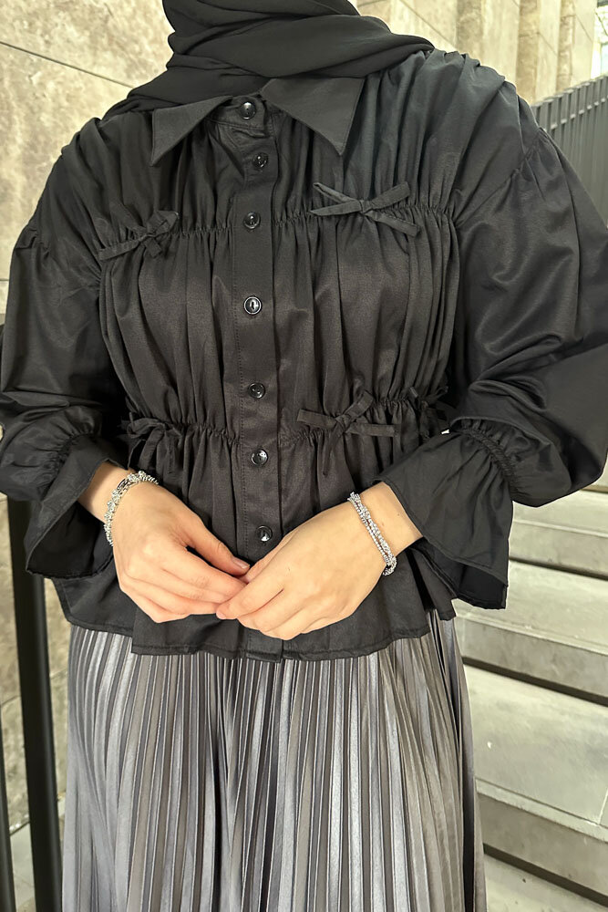 Fiyonklu Büzgülü Gömlek - Siyah - HENZA (2)